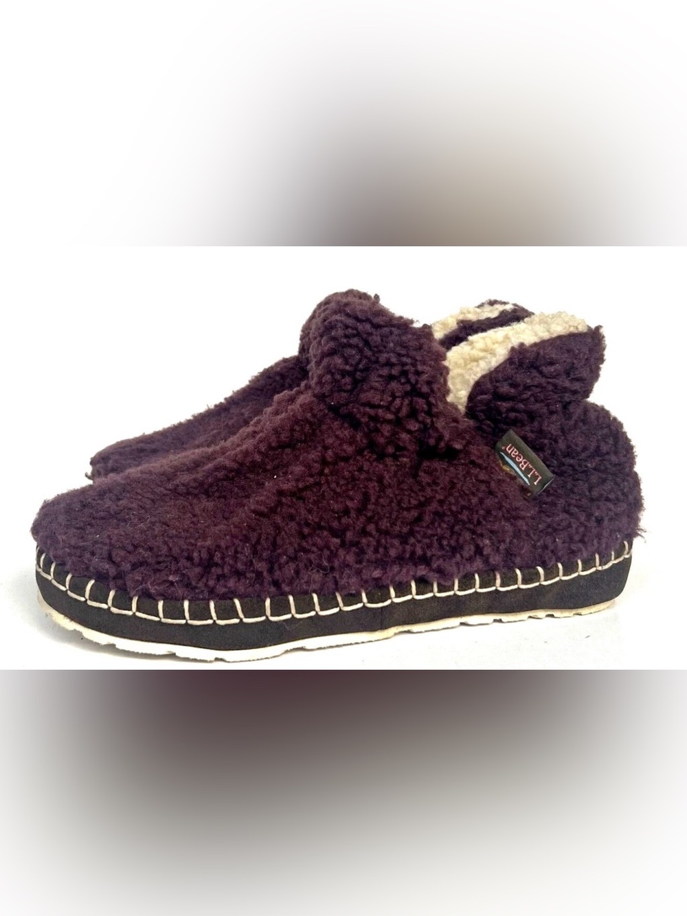 LL Bean Womens Cozy Slipper Booties Size 7 Pile Fleece Dark Plum Teddy Slip On